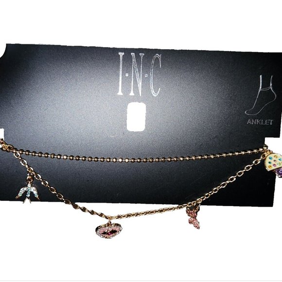 INC Set Of Two Gold Tone Anklets Ankle Bracelets, Beaded, Charms, Evil Eye - Picture 2 of 4